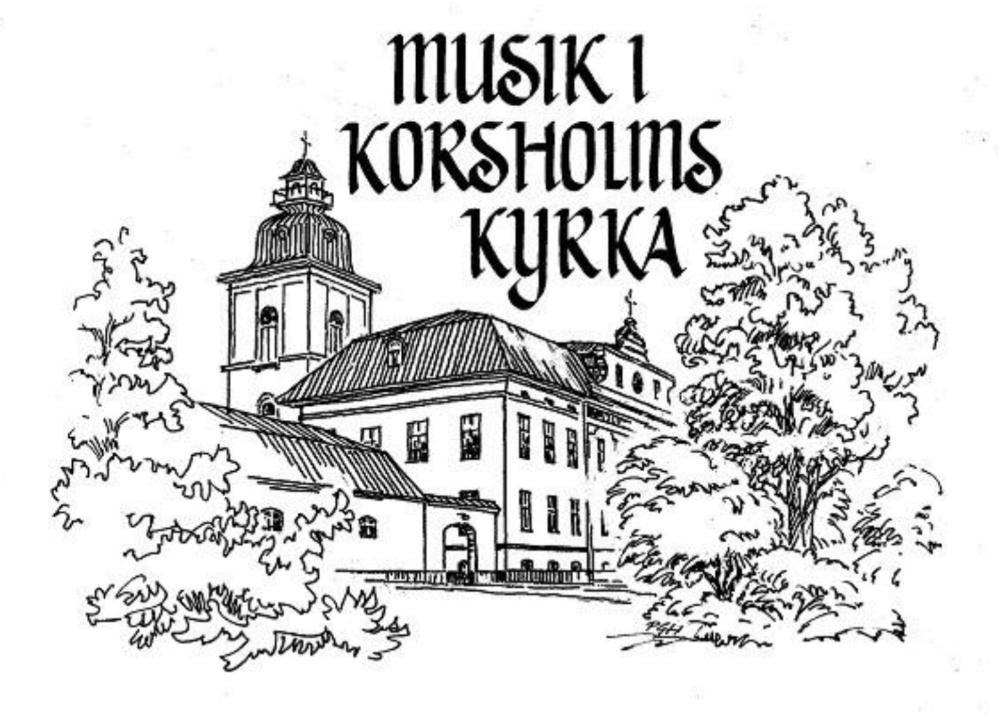 Tecknad bild av Korsholms kyrka med texten Musik i Korsholms kyrka