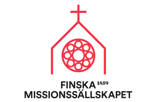 Finska Missionssällskapets röda logo, ett stiliserat hus med kors på taket och i huset en rund cirkel med många små cirklar.