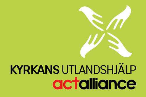 Logo för Kyrkans Utlandshjälp.Fyra vita stiliserade händer som sträcker sig mot varandra på en ljusgrön bakgrund.