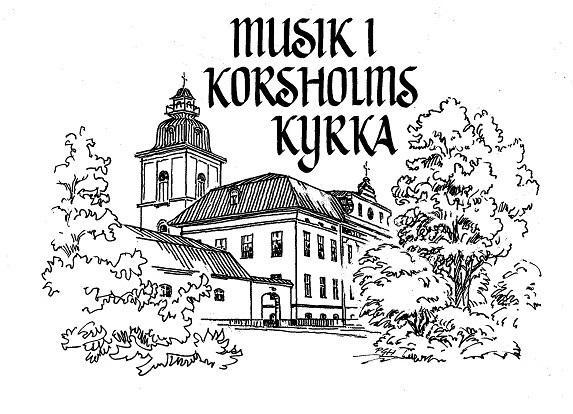 Korsholms kyrka i tecknad i tecknad version med texten Musik i Korsholms kyrka